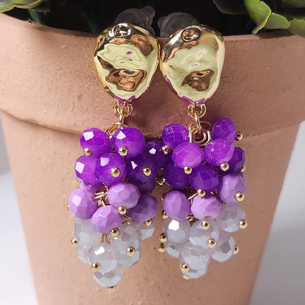 Purple Ombre Beaded Cluster Drop Earrings Gold Hammered Stud Statement 1.75"